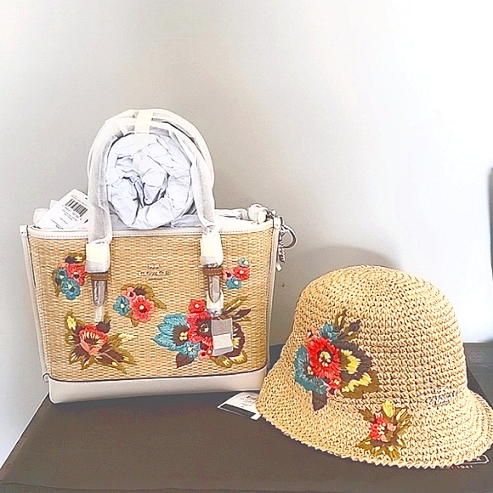 Coach Mollie Tote Bag 25 With Floral Embroidery and Hawaiian Floral Crochet Hat